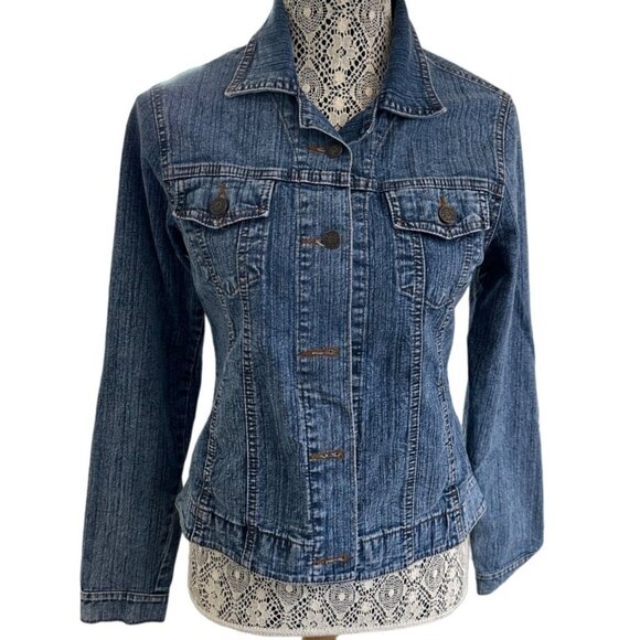 American Over Size Small Denim Jacket Collared Long Sleeve Blue Casual Layer - Picture 4 of 12